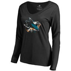 San Jose Sharks Women's Splatter Logo V-Neck Long Sleeve T-Shirt - Black T-shirts