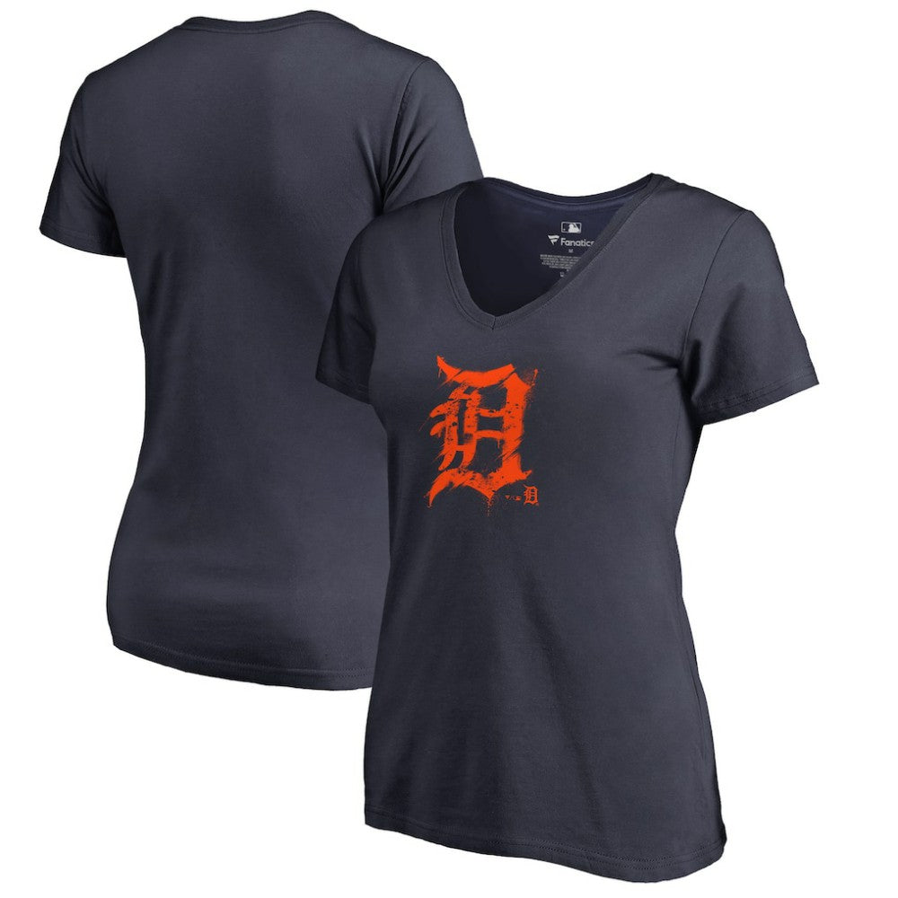 Detroit Tigers Women's Splatter Logo V-Neck T-Shirt Navy