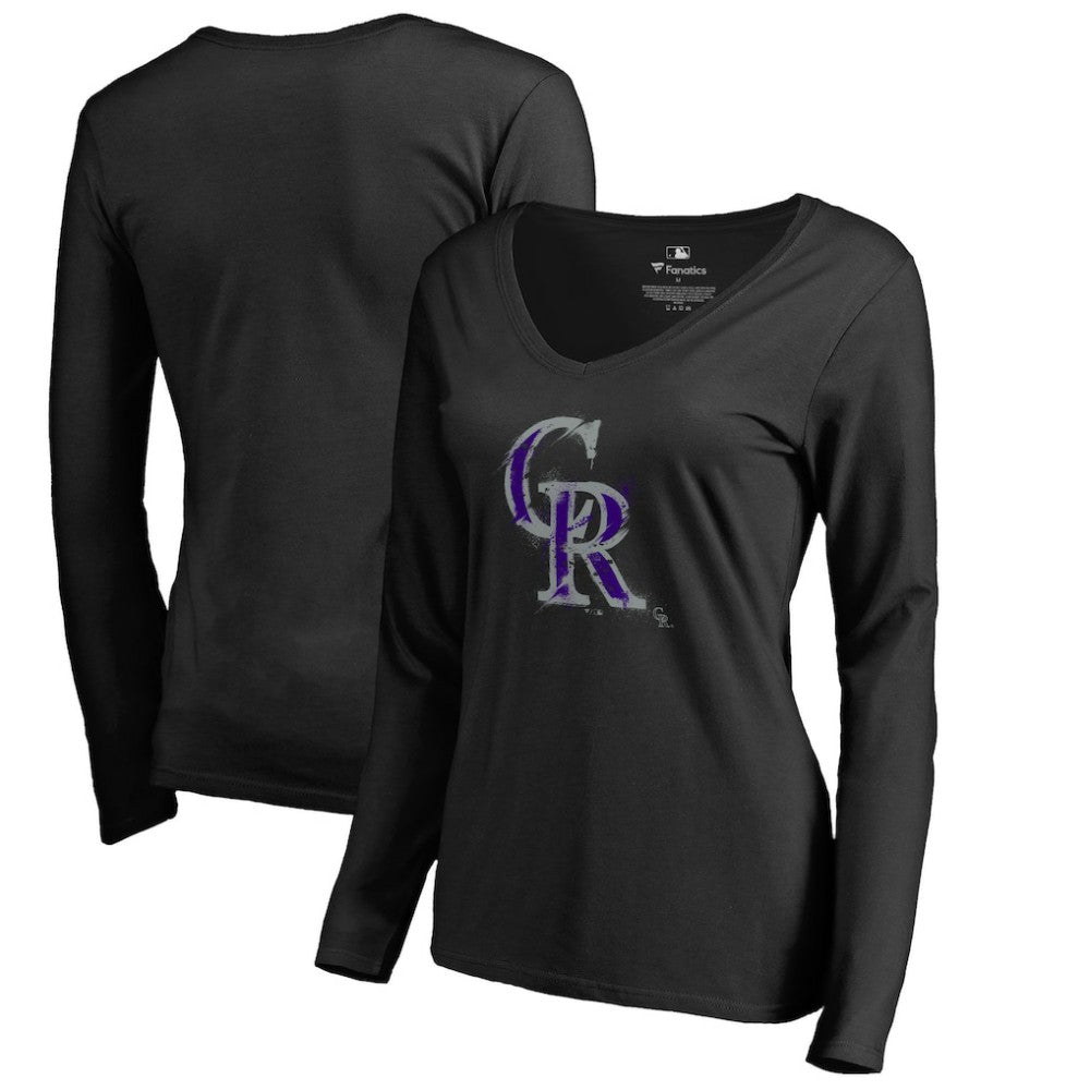 Colorado Rockies Women's Splatter Logo Long Sleeve V-Neck T-Shirt Black