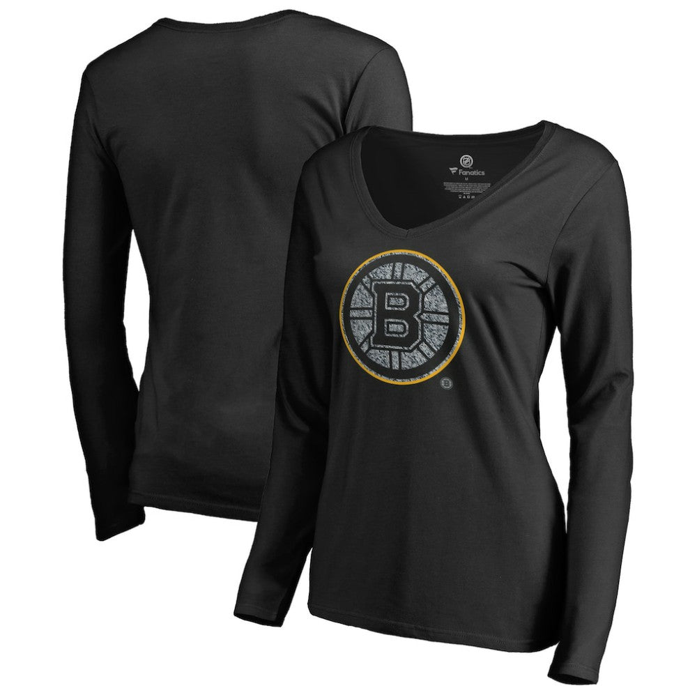 Boston Bruins Women's Static Logo Long Sleeve V-Neck T-Shirt - Black T-shirts