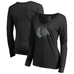 Chicago Blackhawks Women's Static Logo Long Sleeve V-Neck T-Shirt - Black T-shirts