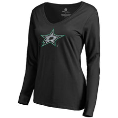 Dallas Stars Women's Static Logo Long Sleeve V-Neck T-Shirt - Black T-shirts