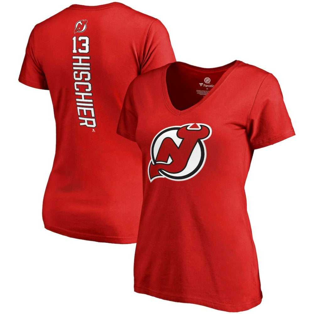 Nico Hischier New Jersey Devils Fanatics Women's Plus Size Backer Name & Number V-Neck T-Shirt - Red T-shirts
