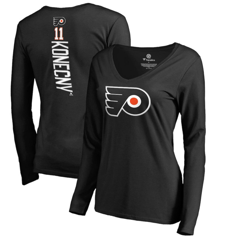 Travis Konecny Philadelphia Flyers Women's Backer Name & Number Slim Fit Long Sleeve V-Neck T-Shirt - Black T-shirts