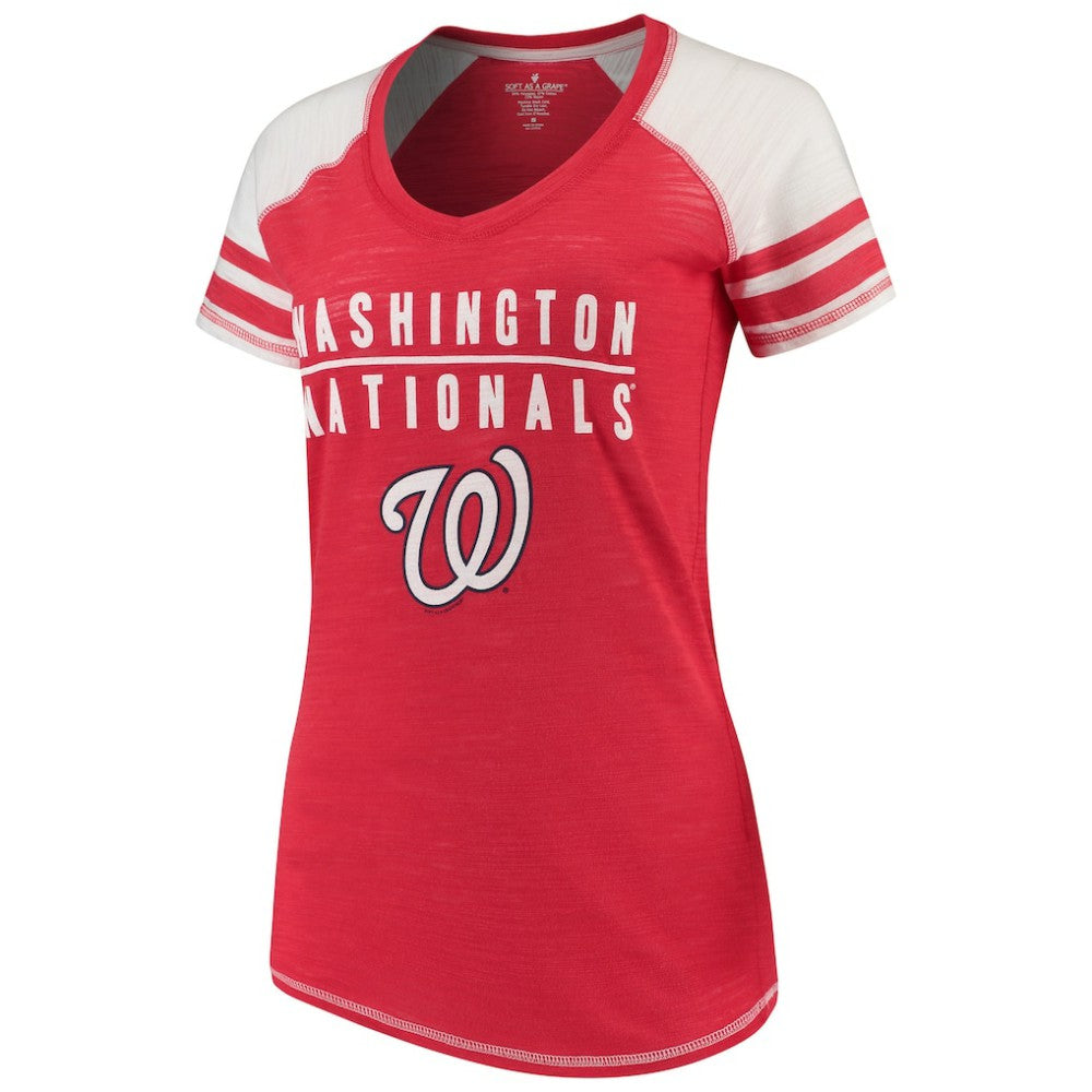 Washington Nationals Soft as a Grape Women's Color Block V-Neck T-Shirt Red
