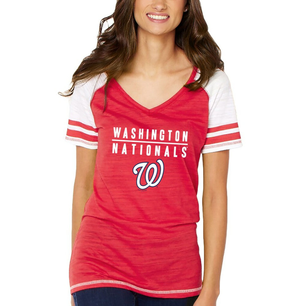 Washington Nationals Soft as a Grape Women's Color Block V-Neck T-Shirt Red