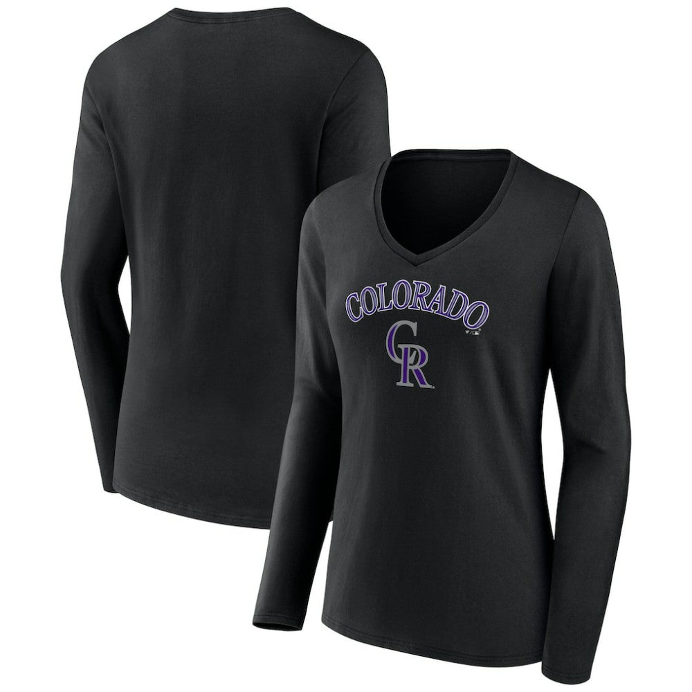 Colorado Rockies Women's Team Lockup Slim Fit Long Sleeve V-Neck T-Shirt Black