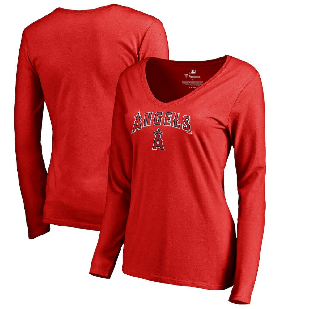 Los Angeles Angels Women's Team Lockup Slim Fit Long Sleeve V-Neck T-Shirt Red