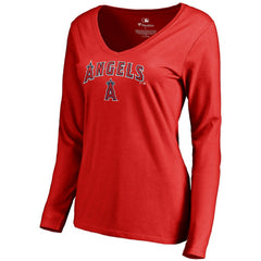 Los Angeles Angels Women's Team Lockup Slim Fit Long Sleeve V-Neck T-Shirt Red
