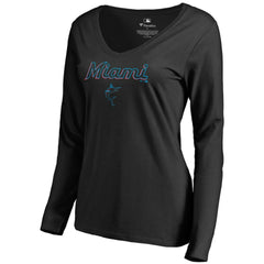 Miami Marlins Women's Team Lockup Slim Fit Long Sleeve V-Neck T-Shirt Black