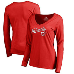 Washington Nationals Women's Team Lockup Slim Fit Long Sleeve V-Neck T-Shirt Red
