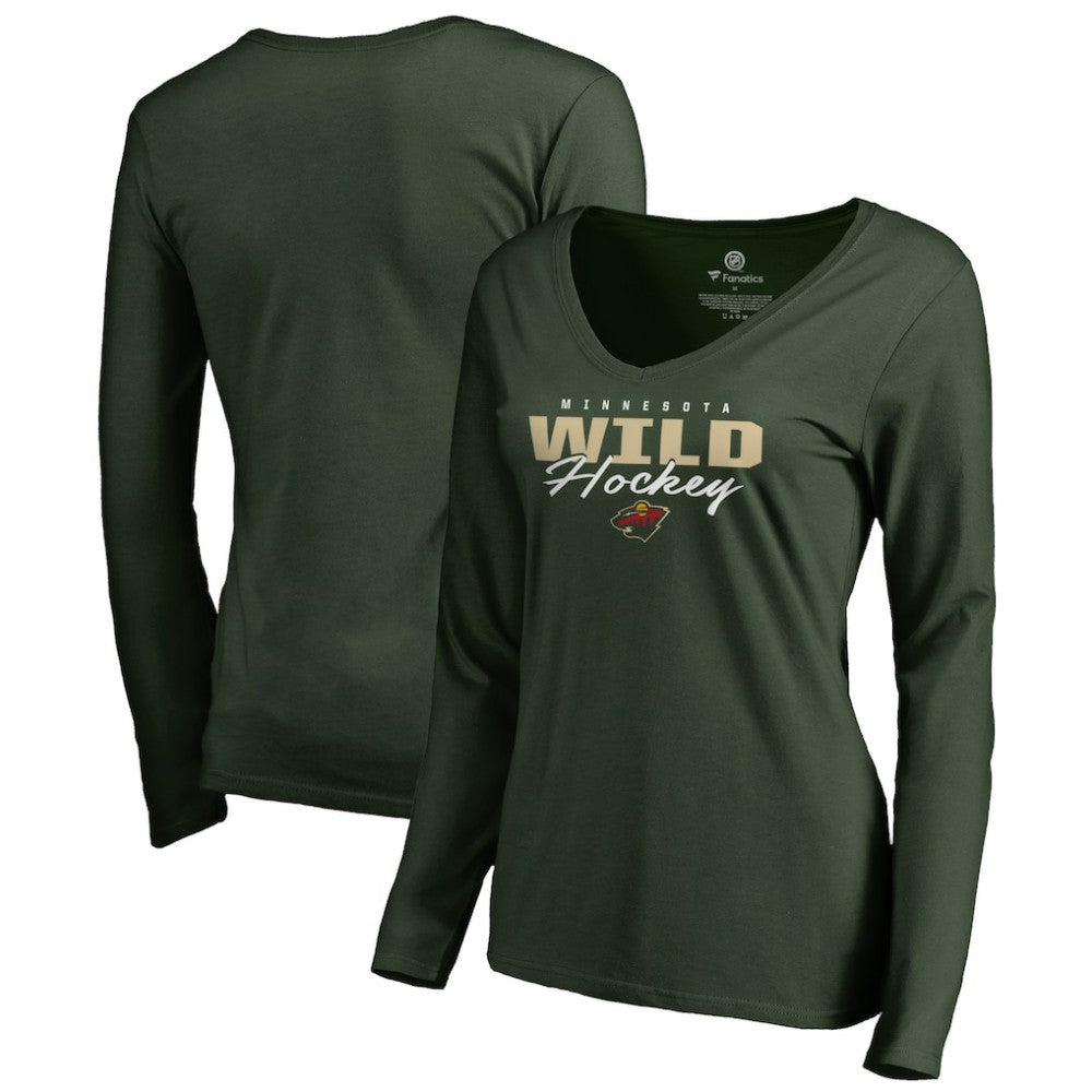Minnesota Wild Women's Iconic Collection Script Assist Long Sleeve V-Neck T-Shirt - Green T-shirts