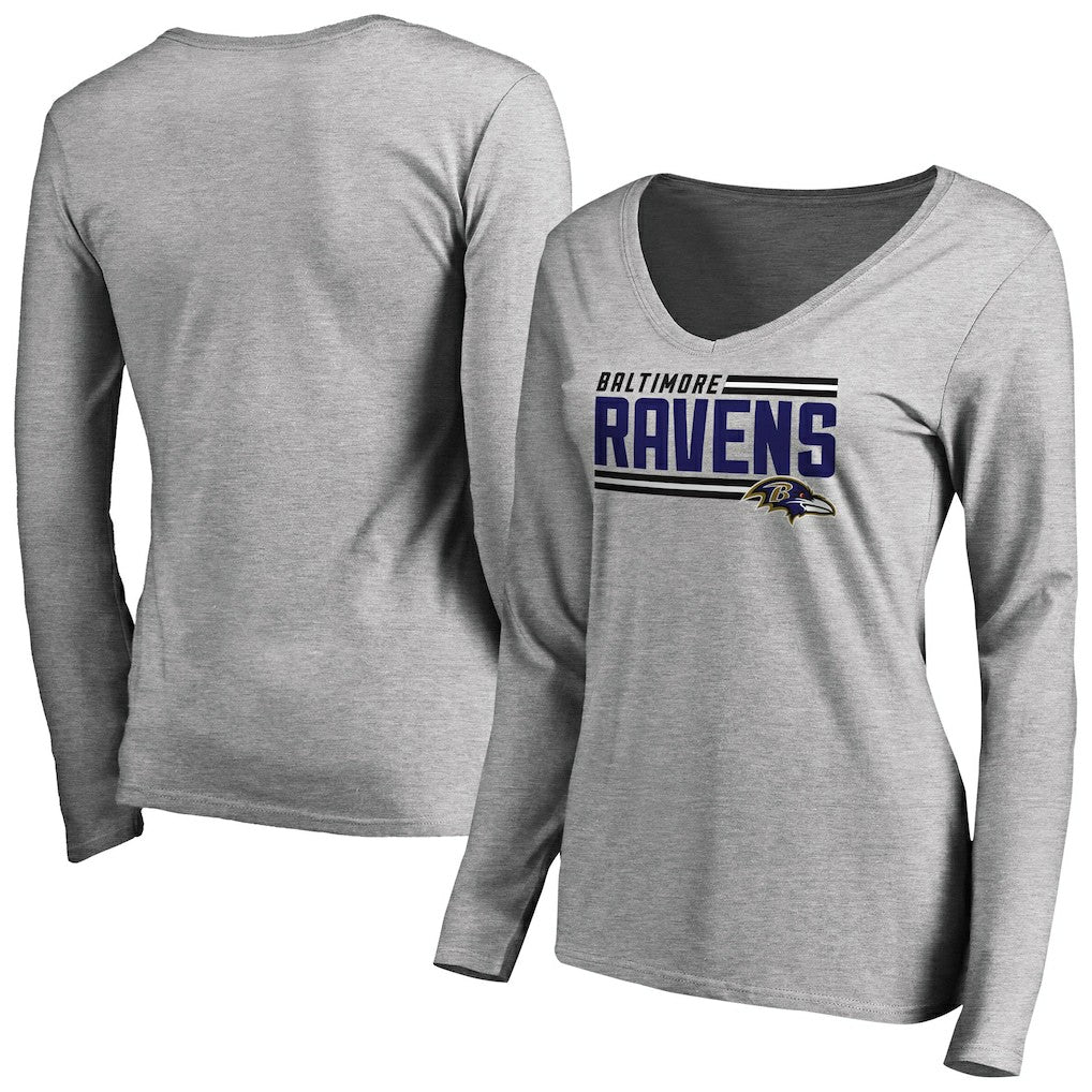 Baltimore Ravens Women's Iconic Collection On Side Stripe Long Sleeve V-Neck T-Shirt - Ash on sale