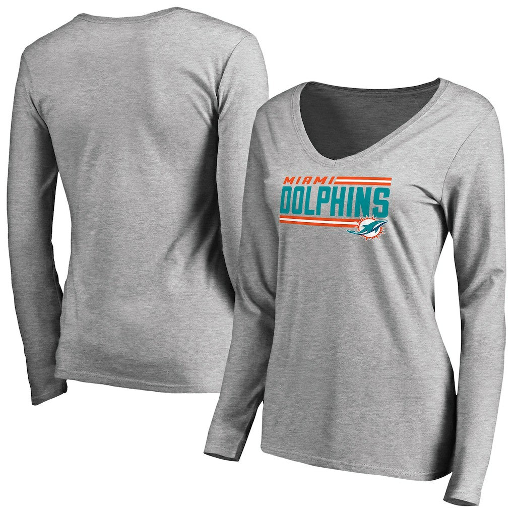 Miami Dolphins Women's Iconic Collection On Side Stripe Long Sleeve V-Neck T-Shirt - Ash cheap