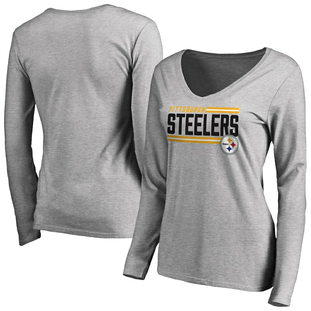 Pittsburgh Steelers Women's Iconic Collection On Side Stripe Long Sleeve V-Neck T-Shirt - Ash for sale