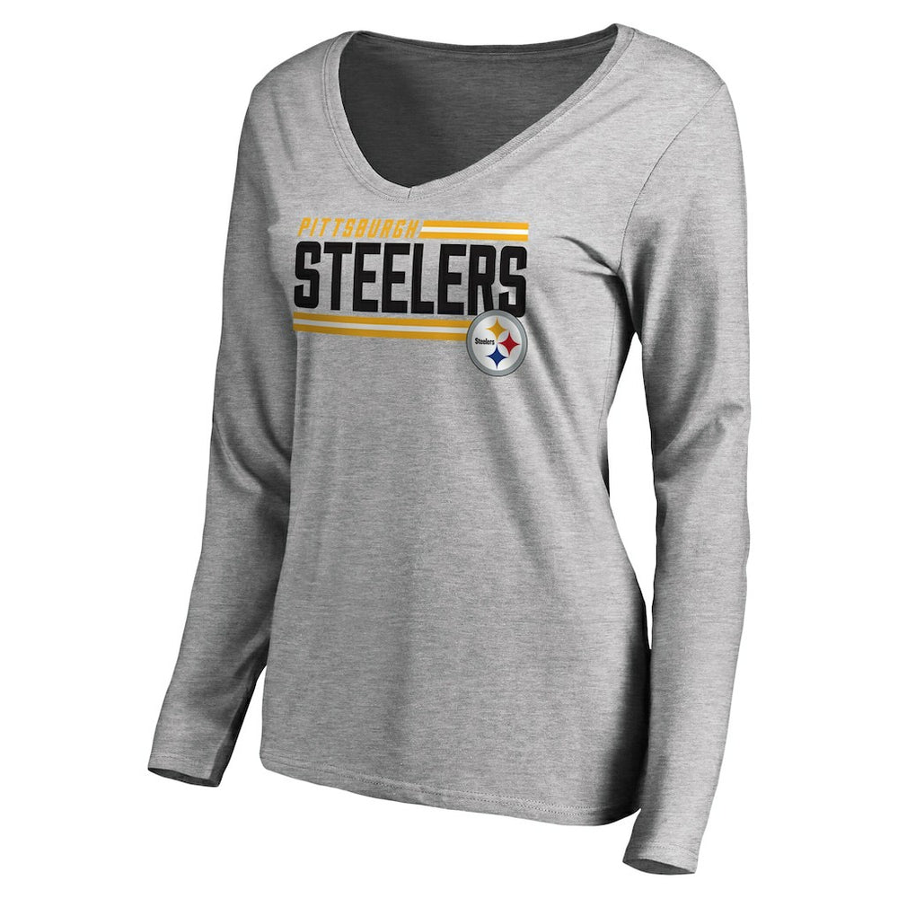 Pittsburgh Steelers Women's Iconic Collection On Side Stripe Long Sleeve V-Neck T-Shirt - Ash for sale