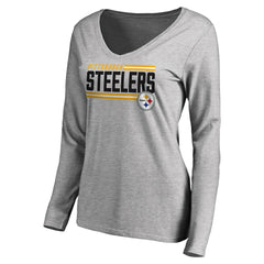 Pittsburgh Steelers Women's Iconic Collection On Side Stripe Long Sleeve V-Neck T-Shirt - Ash for sale