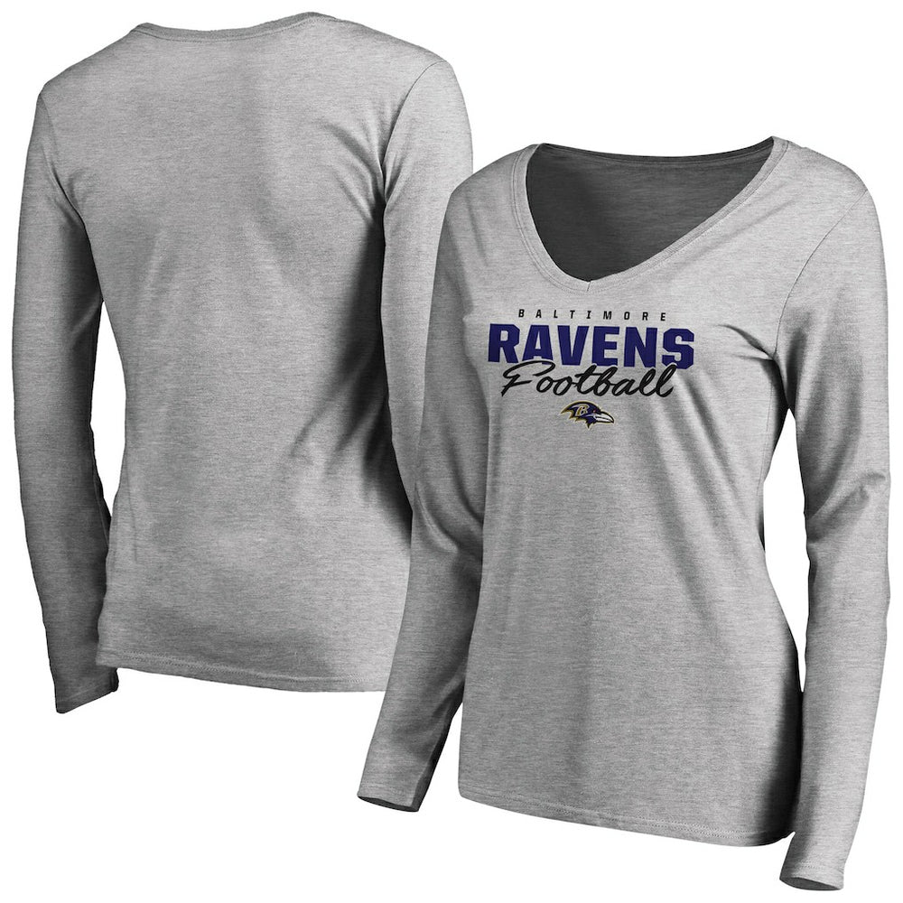 Baltimore Ravens Women's Iconic Collection Script Assist Long Sleeve V-Neck T-Shirt - Ash sale