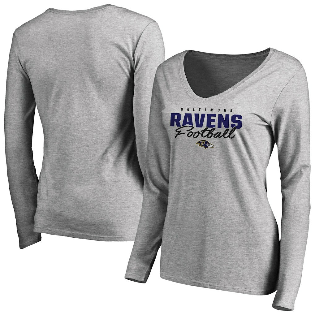 Baltimore Ravens Women's Iconic Collection Script Assist Long Sleeve V-Neck T-Shirt - Ash sale
