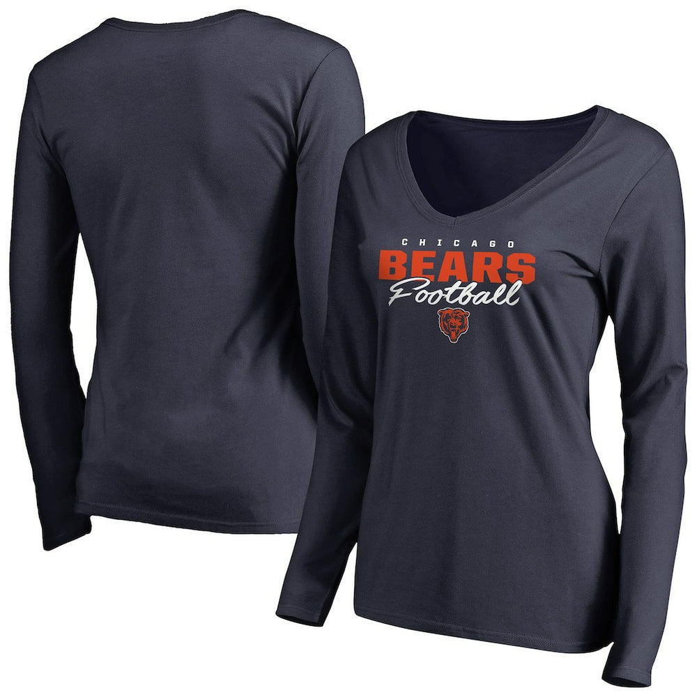 Chicago Bears Women's Iconic Collection Script Assist Long Sleeve V-Neck T-Shirt - Navy discount