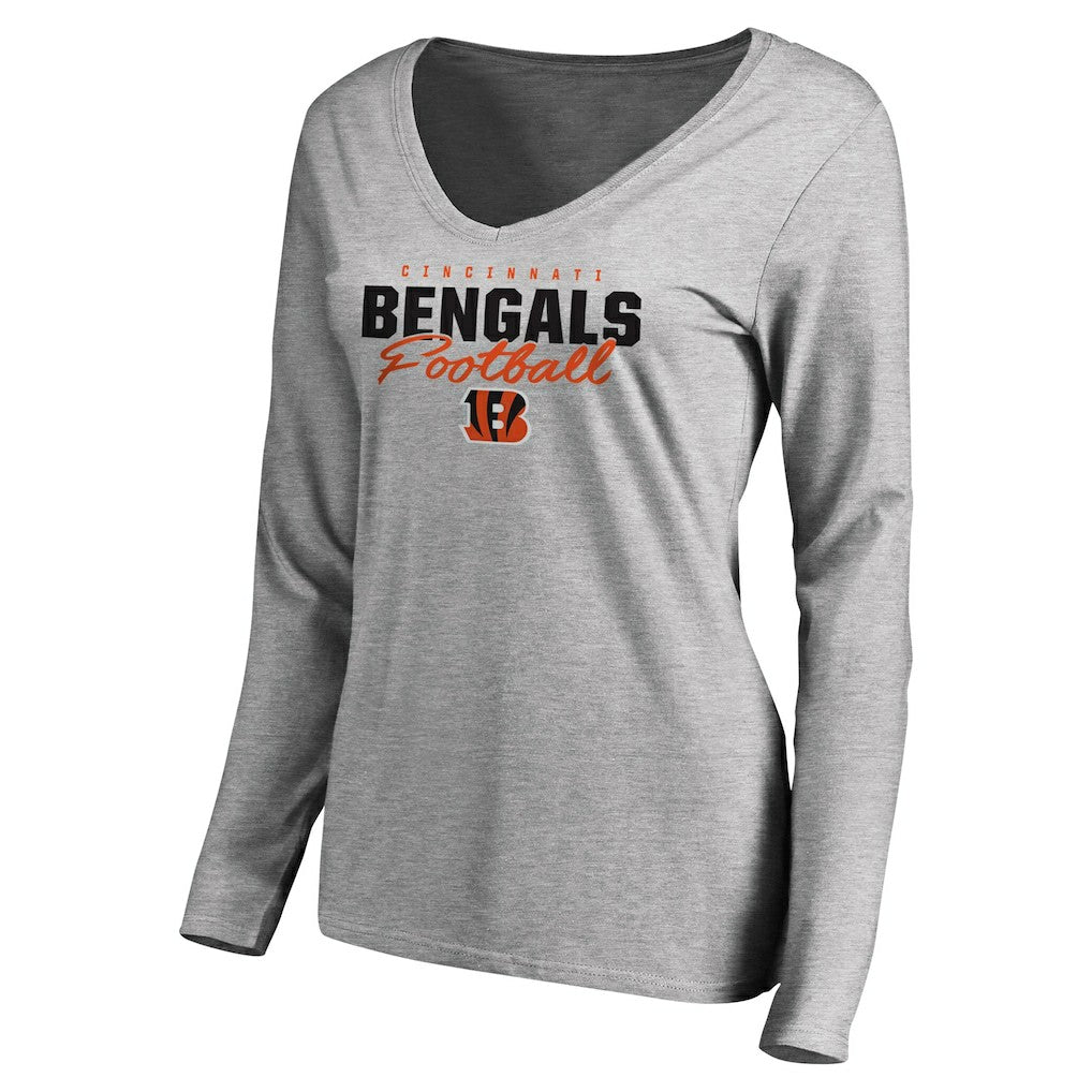 Cincinnati Bengals Women's Iconic Collection Script Assist Long Sleeve V-Neck T-Shirt - Ash for sale
