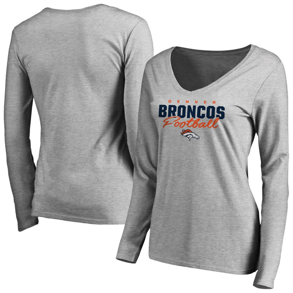 Denver Broncos Women's Iconic Collection Script Assist Long Sleeve V-Neck T-Shirt - Ash on sale