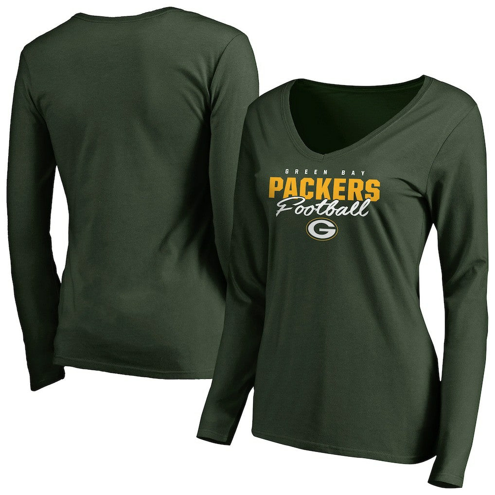 Green Bay Packers Women's Iconic Collection Script Assist Long Sleeve V-Neck T-Shirt - Green sale