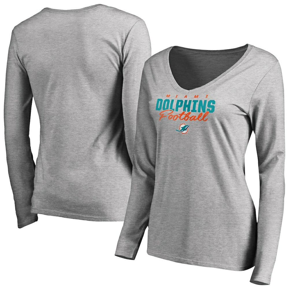 Miami Dolphins Women's Iconic Collection Script Assist Long Sleeve V-Neck T-Shirt - Ash cheap