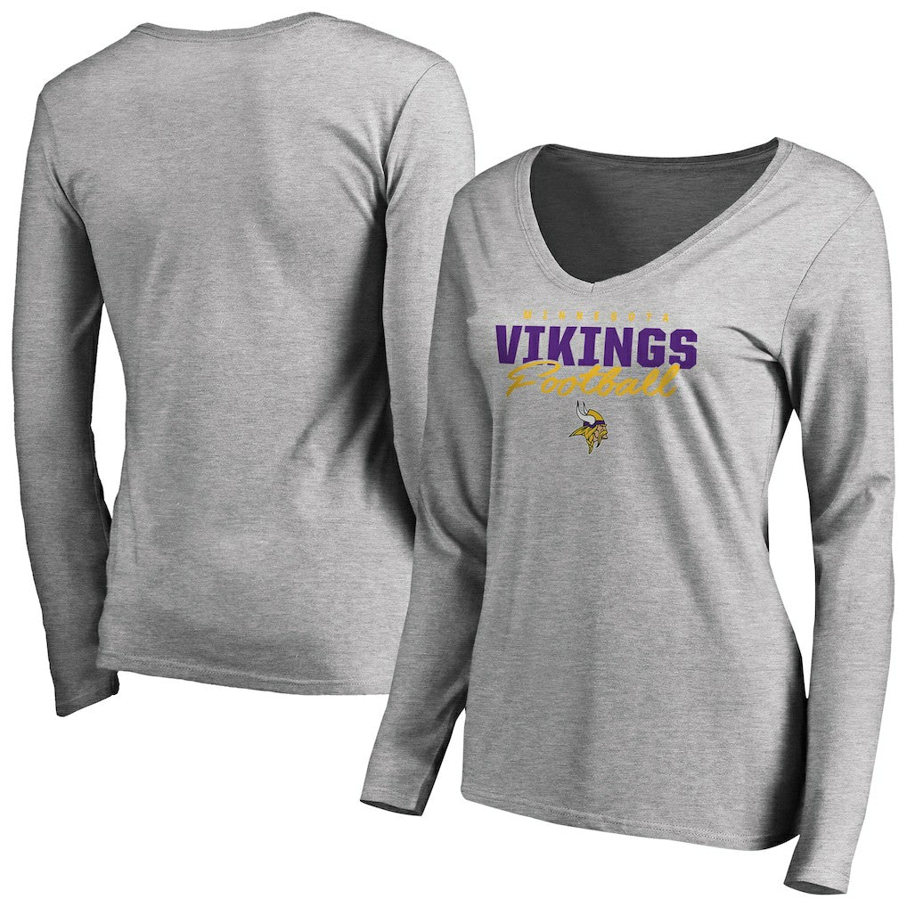 Minnesota Vikings Women's Iconic Collection Script Assist Long Sleeve V-Neck T-Shirt - Ash outlet