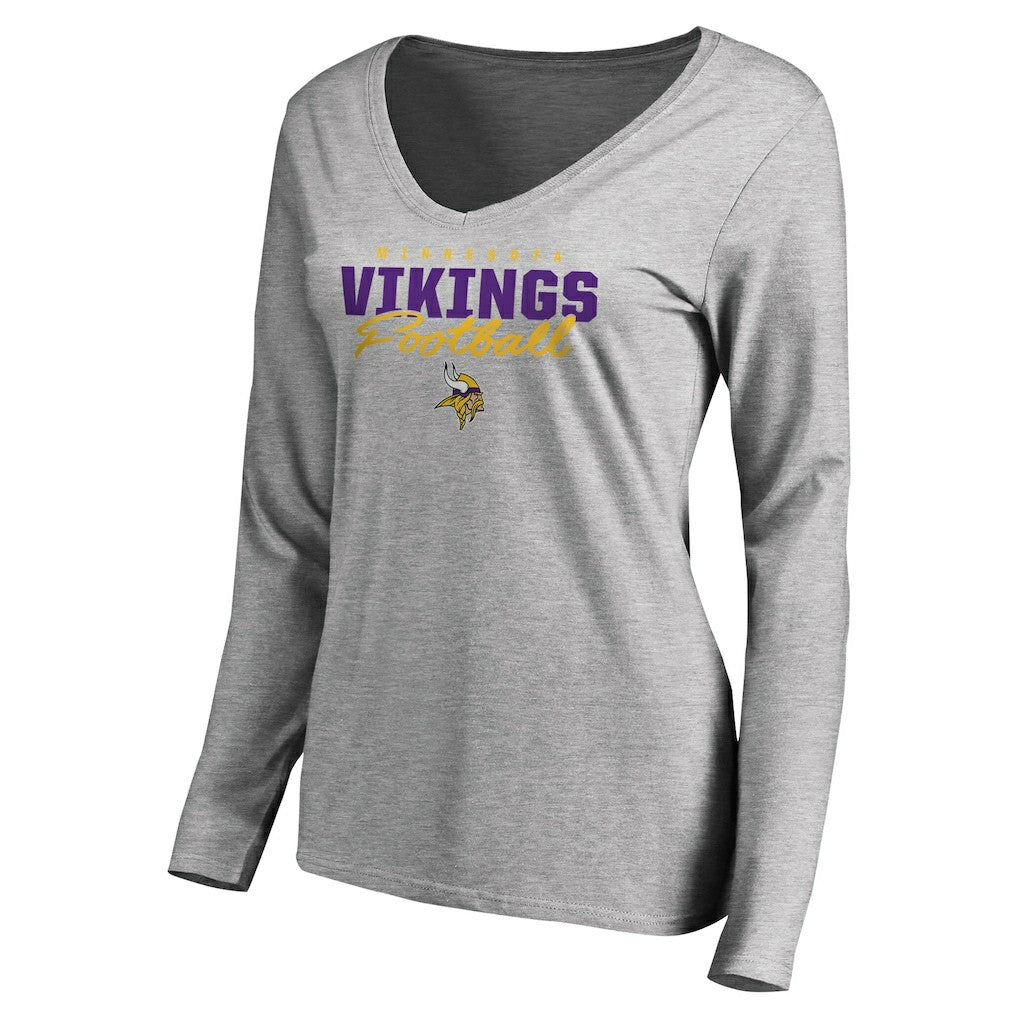 Minnesota Vikings Women's Iconic Collection Script Assist Long Sleeve V-Neck T-Shirt - Ash outlet