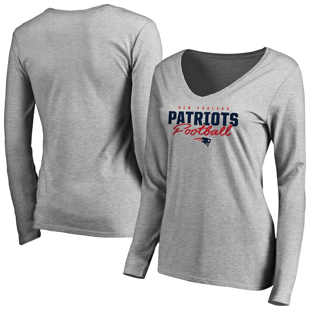 New England Patriots Women's Iconic Collection Script Assist Long Sleeve V-Neck T-Shirt - Ash for sale