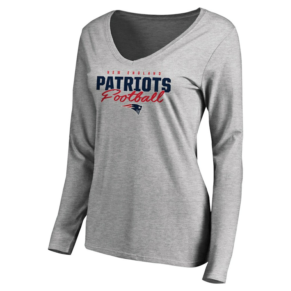 New England Patriots Women's Iconic Collection Script Assist Long Sleeve V-Neck T-Shirt - Ash for sale