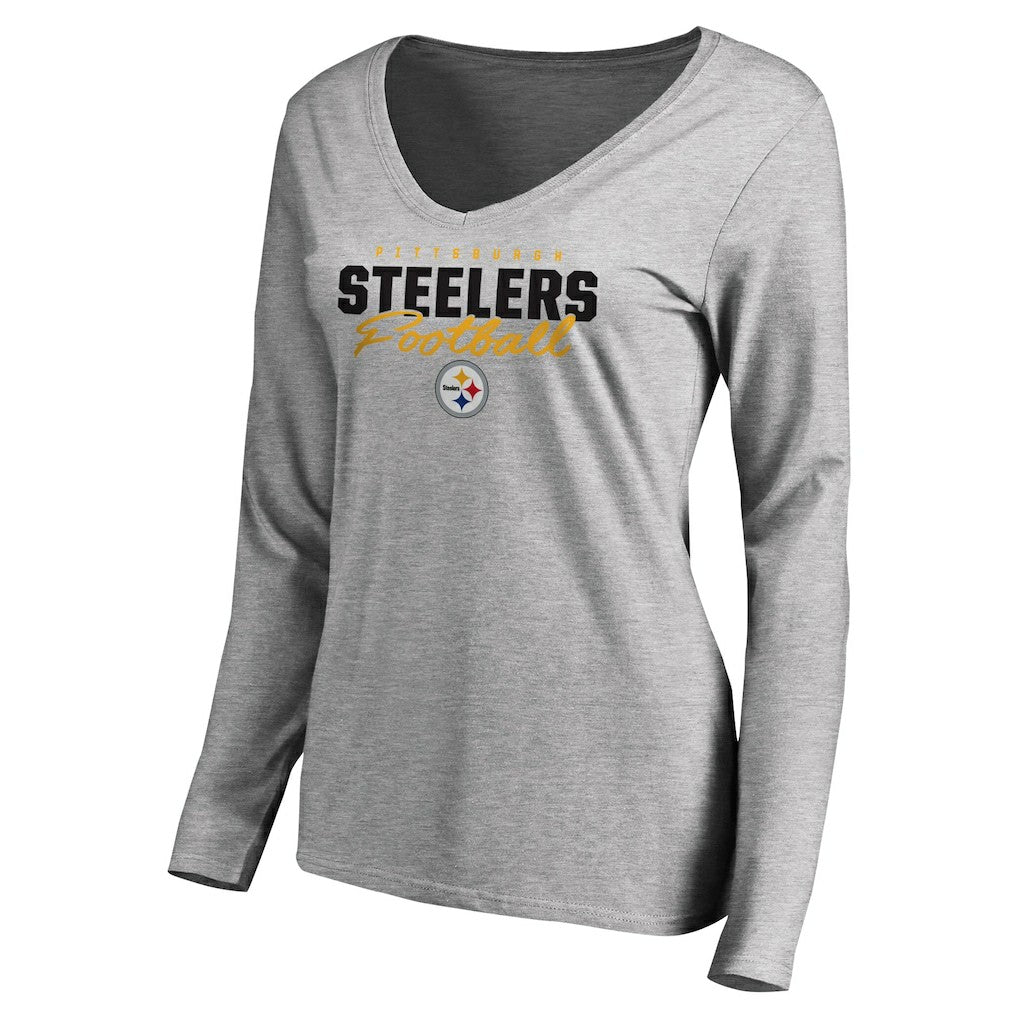 Pittsburgh Steelers Women's Iconic Collection Script Assist Long Sleeve V-Neck T-Shirt - Ash sale