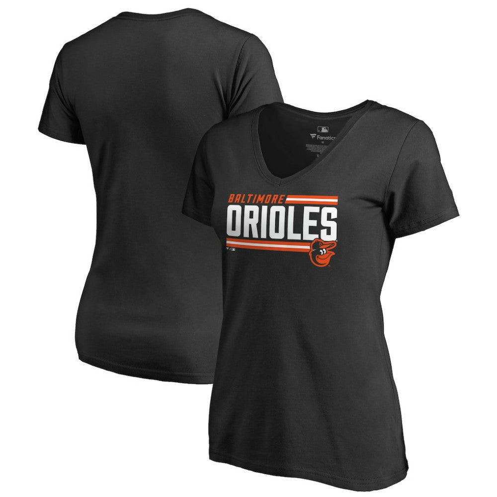 Baltimore Orioles Women's Onside Stripe V-Neck T-Shirt Black