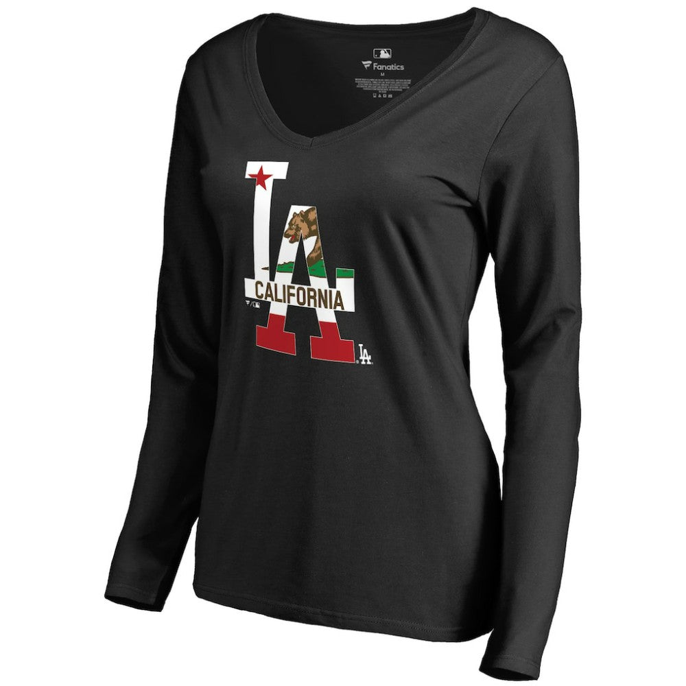 Los Angeles Dodgers Women's Hometown Collection Cali Flag Long Sleeve V-Neck T-Shirt Black