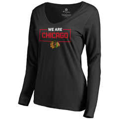 Chicago Blackhawks Women's Iconic Collection We Are Long Sleeve V-Neck T-Shirt - Black T-shirts