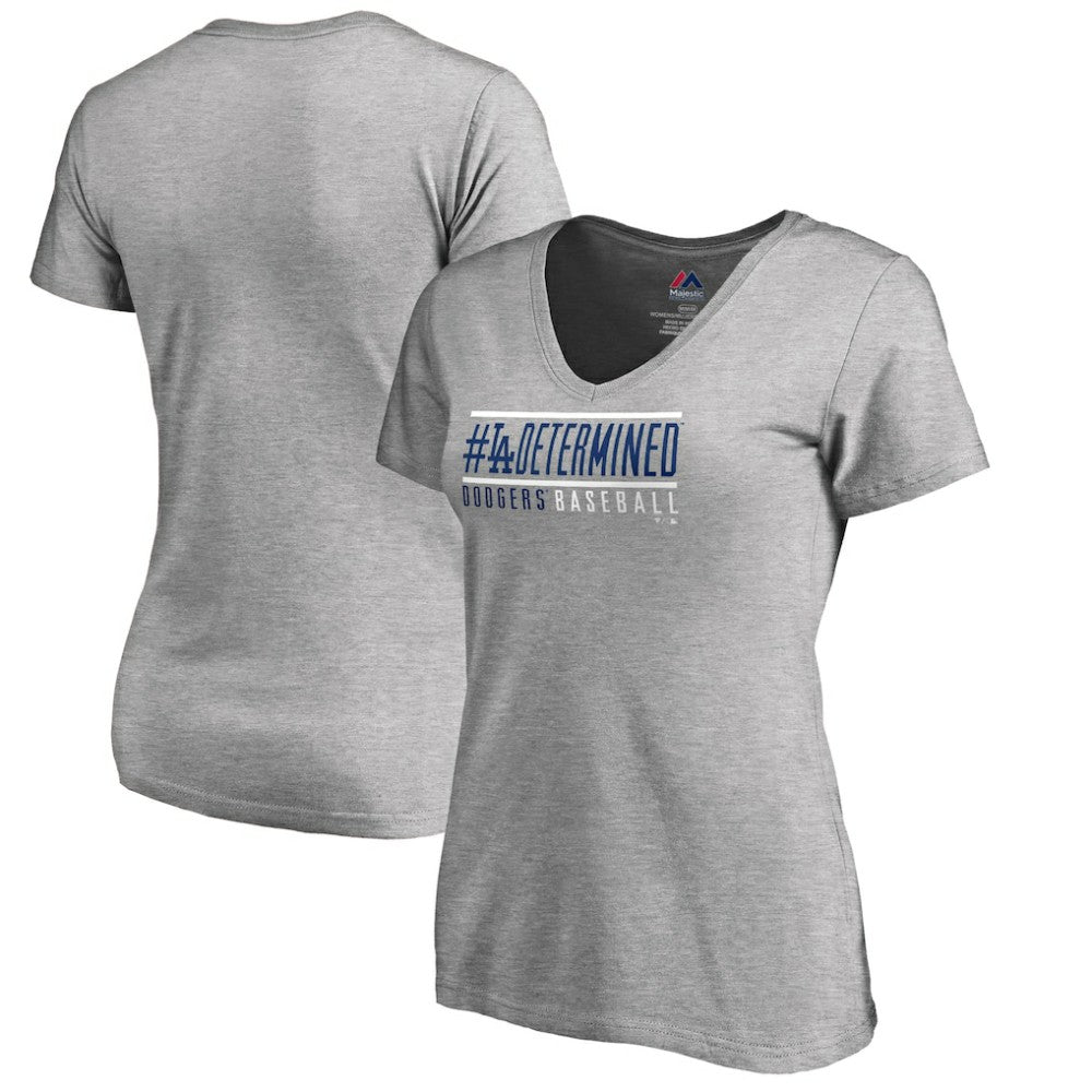 Los Angeles Dodgers Women's Hometown Collection Determined V-Neck T-Shirt Heathered Gray