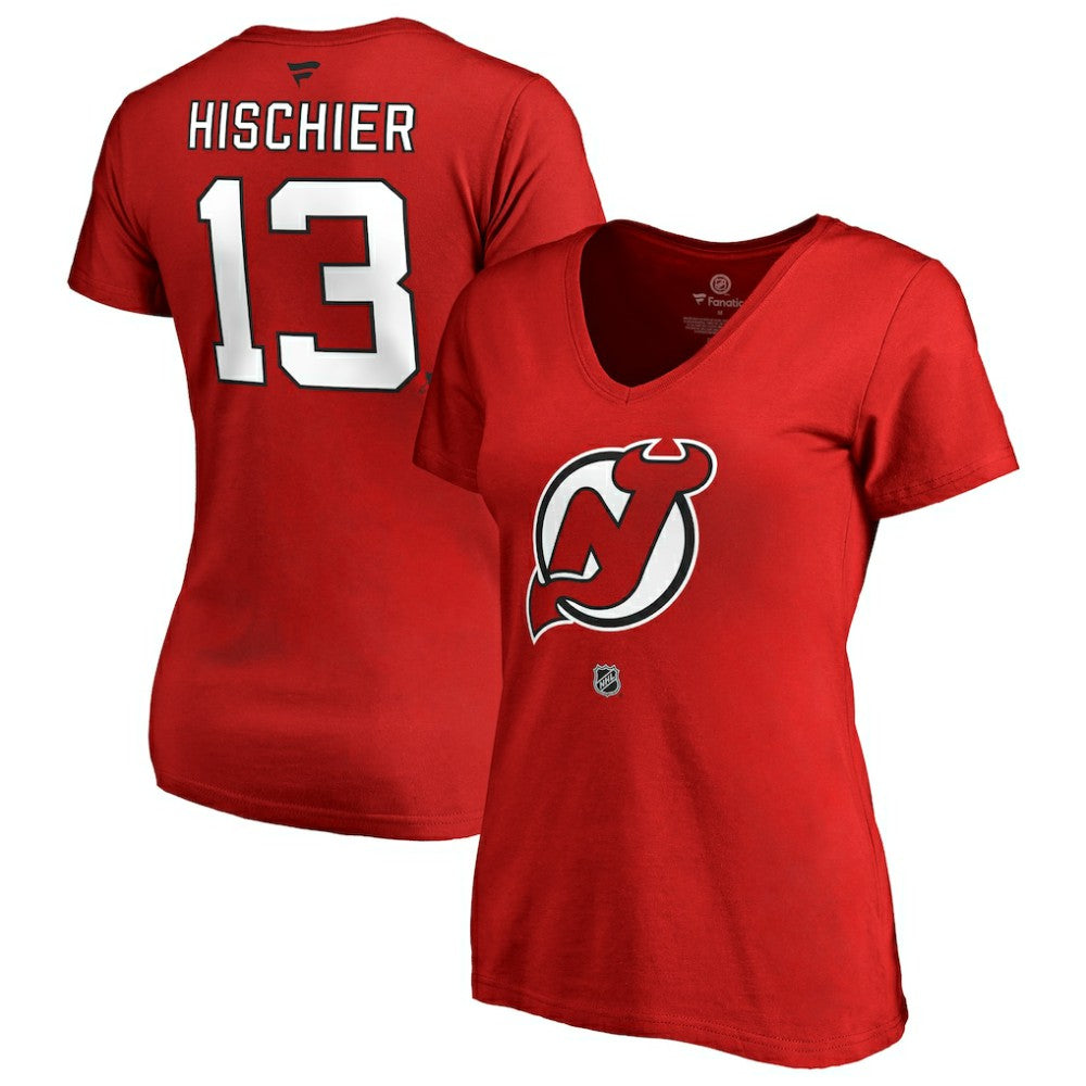 Nico Hischier New Jersey Devils Women's Authentic Stack Name & Number V-Neck T-Shirt - Red T-shirts