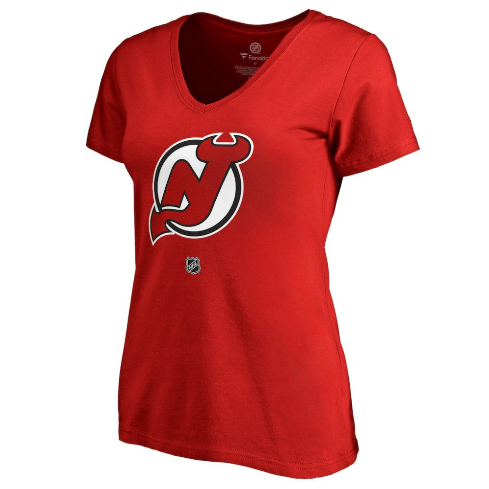 Nico Hischier New Jersey Devils Women's Authentic Stack Name & Number V-Neck T-Shirt - Red T-shirts