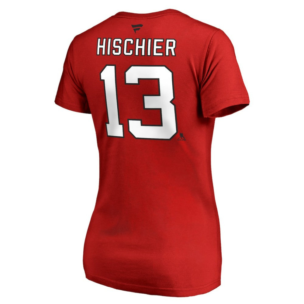 Nico Hischier New Jersey Devils Women's Authentic Stack Name & Number V-Neck T-Shirt - Red T-shirts