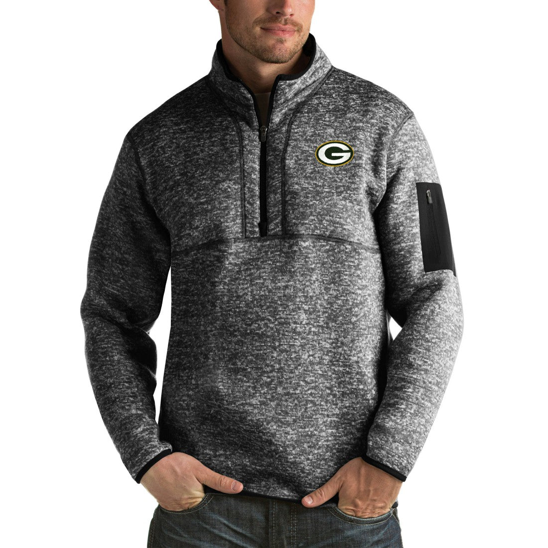 Green Bay Packers Antigua Fortune Big & Tall Quarter-Zip Pullover Jacket - Heather Black on sale