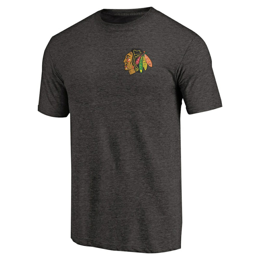 Chicago Blackhawks Primary Logo Left Chest Distressed Tri-Blend T-Shirt - Black T-shirts
