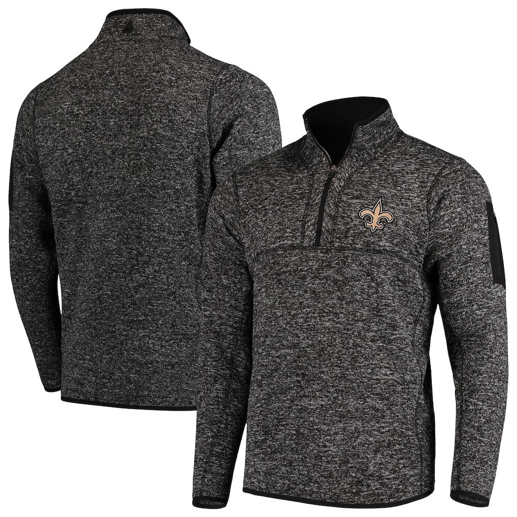 New Orleans Saints Antigua Fortune Quarter-Zip Pullover Jacket - Heather Black for sale