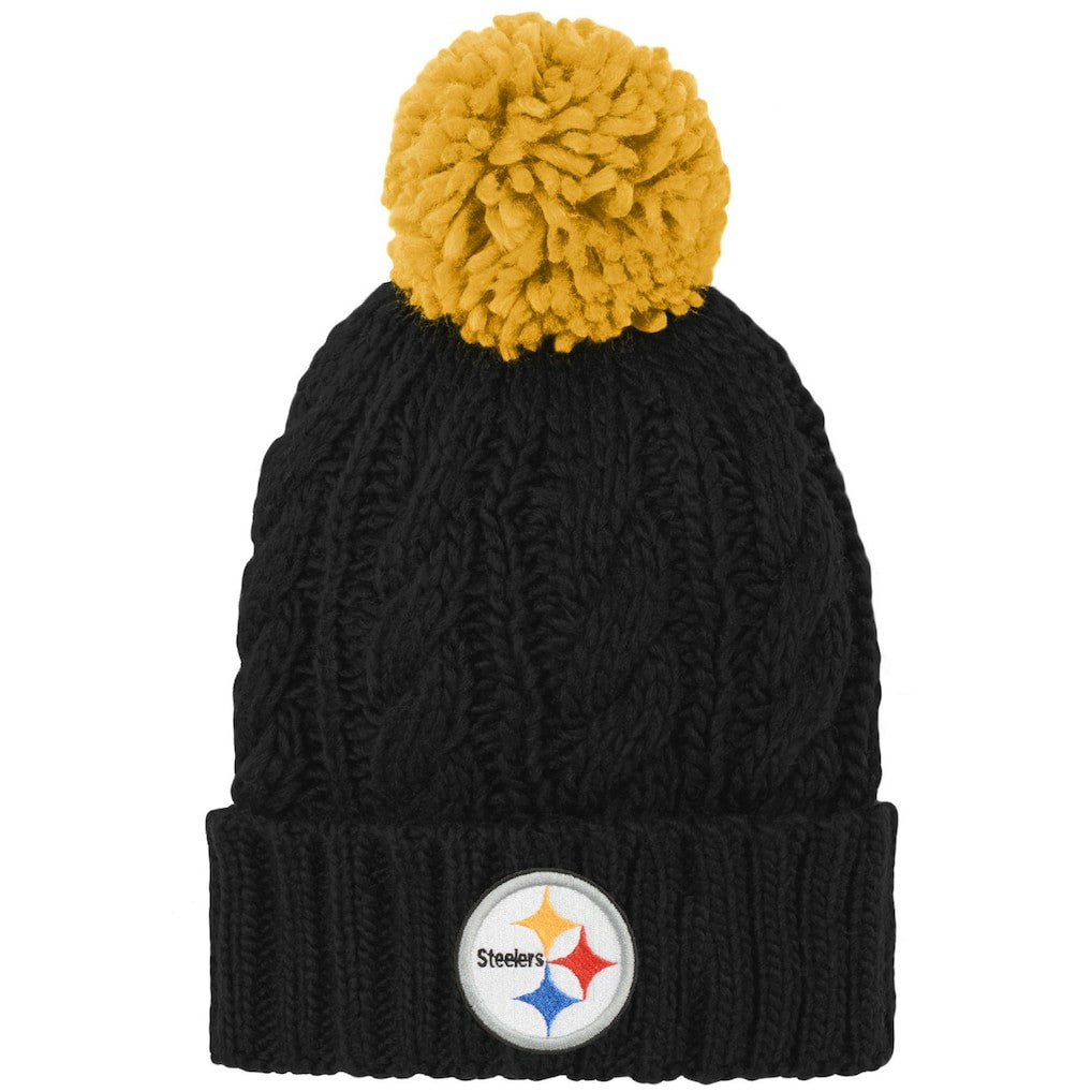 Pittsburgh Steelers Girls Youth Team Cable Cuffed Knit Hat with Pom - Black for sale