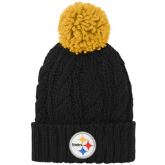 Pittsburgh Steelers Girls Youth Team Cable Cuffed Knit Hat with Pom - Black for sale