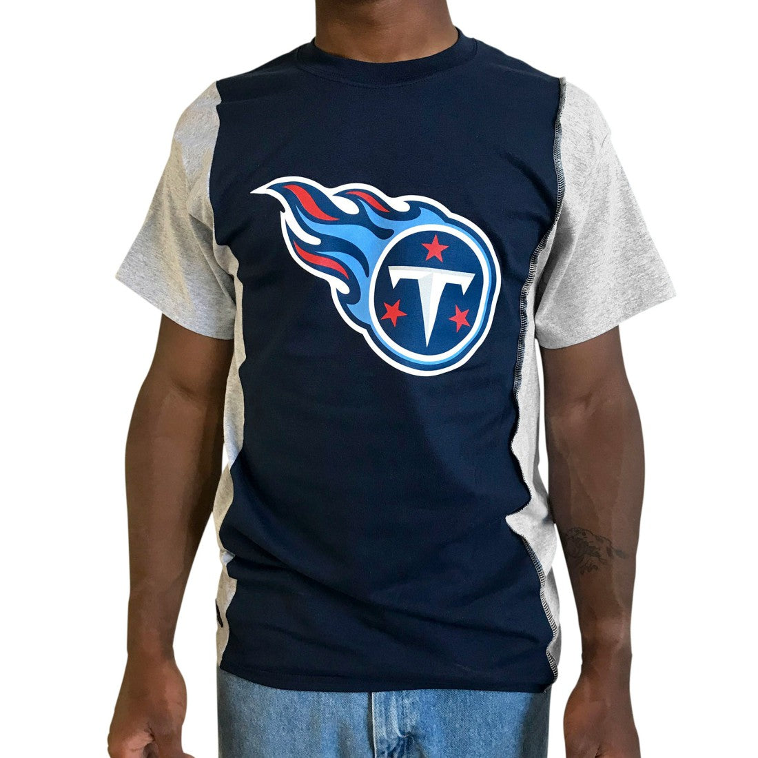 Tennessee Titans Refried Apparel Sustainable Upcycled Split T-Shirt - Navy/Gray cheap