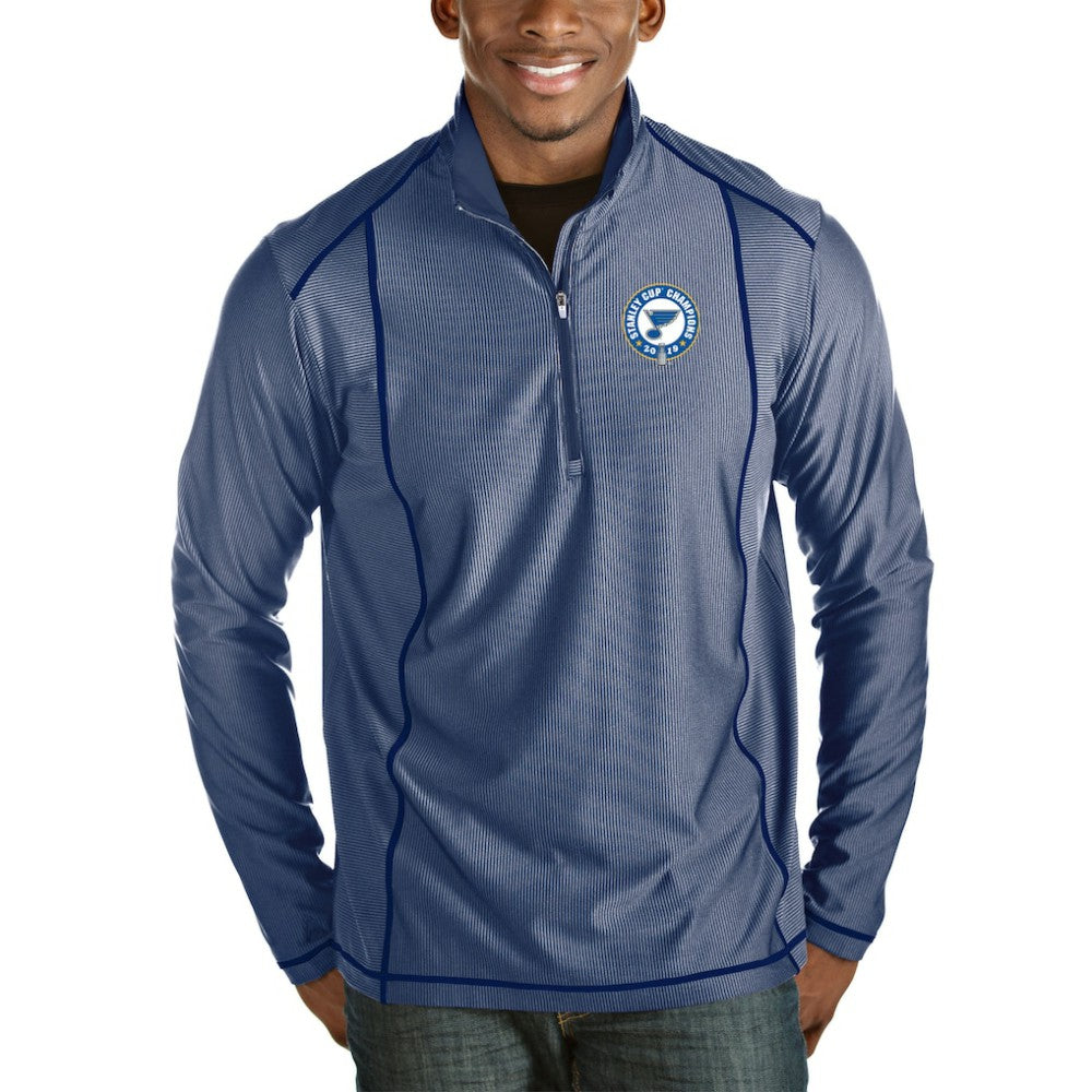 St. Louis Blues Antigua 2019 Stanley Cup Champions Tempo Quarter-Zip Pullover Jacket - Royal/Heather Gray Pullover