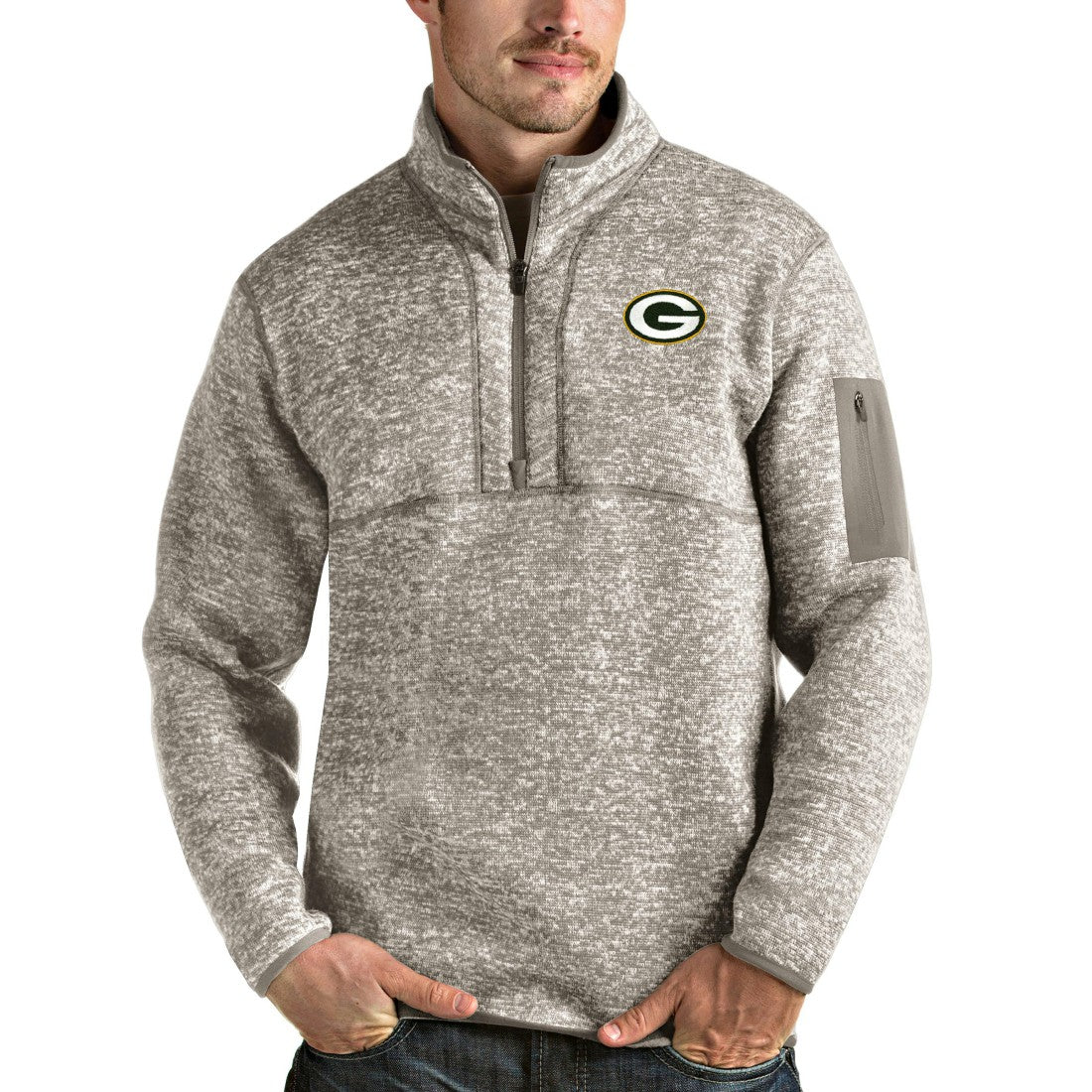 Green Bay Packers Antigua Fortune Quarter-Zip Pullover Jacket - Oatmeal sale