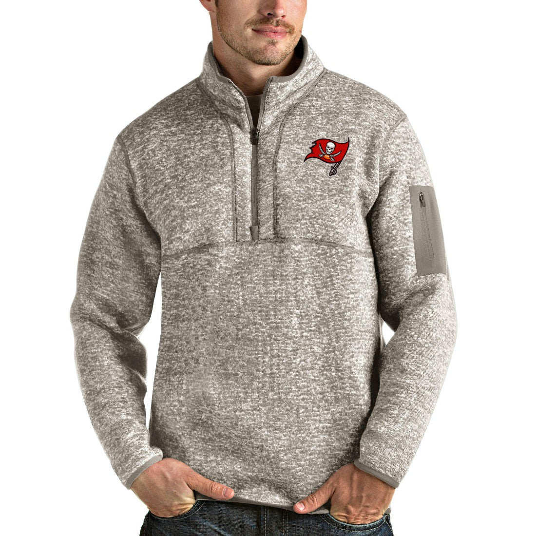 Tampa Bay Buccaneers Antigua Fortune Quarter-Zip Pullover Jacket - Oatmeal on sale