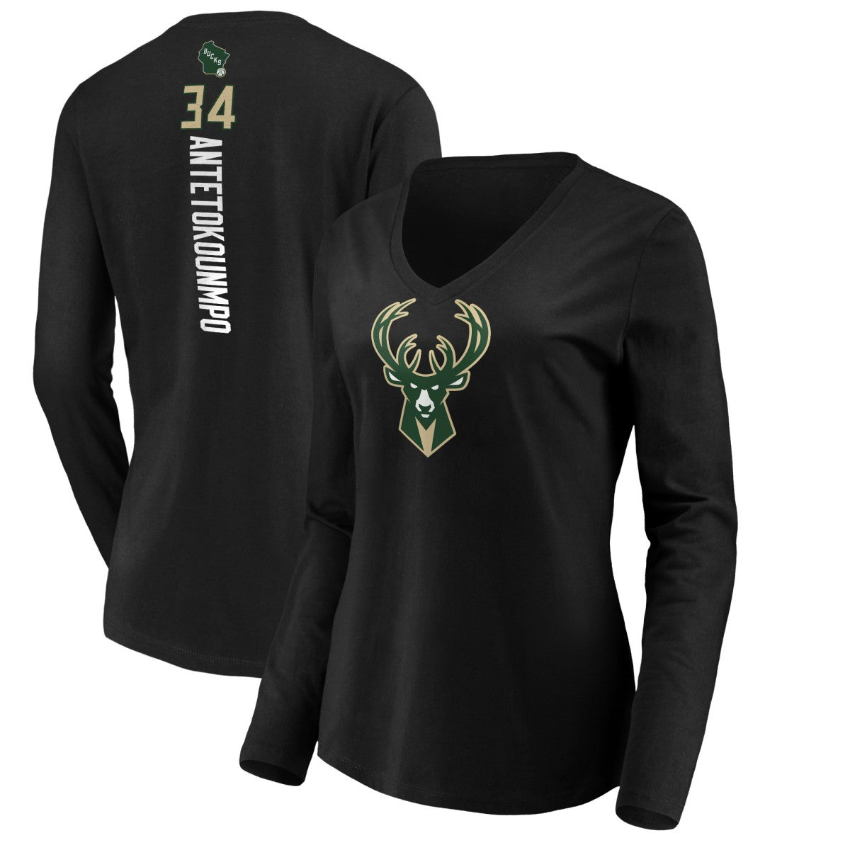 Giannis Antetokounmpo Milwaukee Bucks Women's Playmaker Name & Number Long Sleeve V-Neck T-Shirt - Black cheap